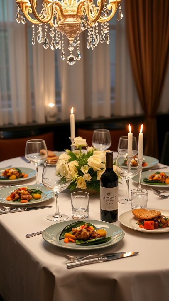 A beautifully arranged table for a dinner party with flowers, candles, and gourmet dishes.